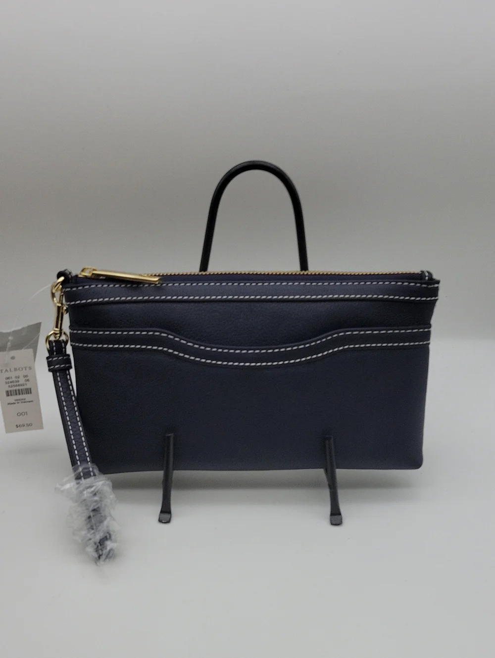 Talbots Navy Leather Wristlet with White Stitching and Gold Hardware